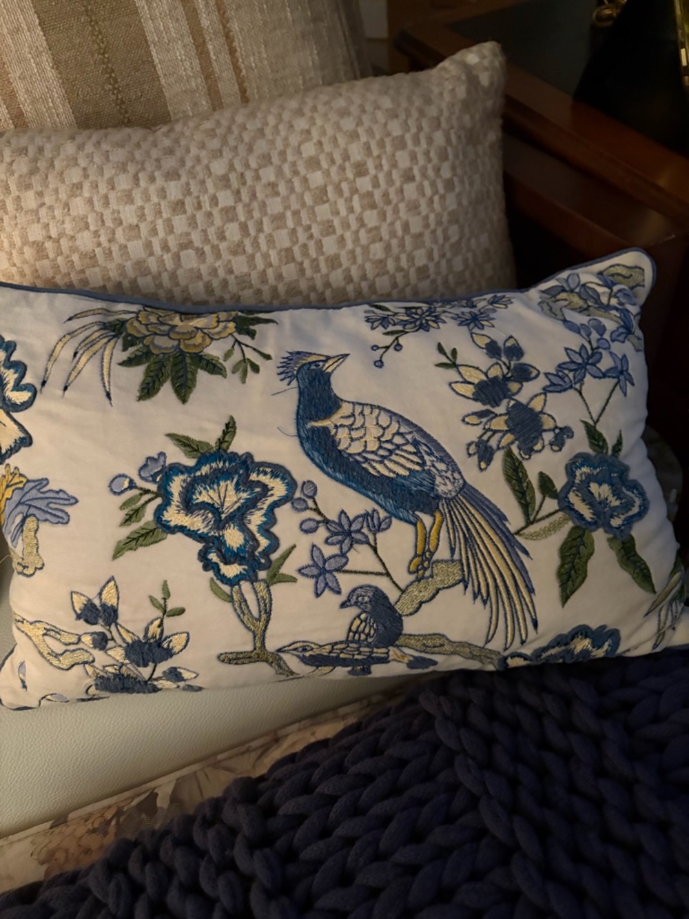 Magaschoni Blue, Cream & Green Embroidered Bird Accent Pillow